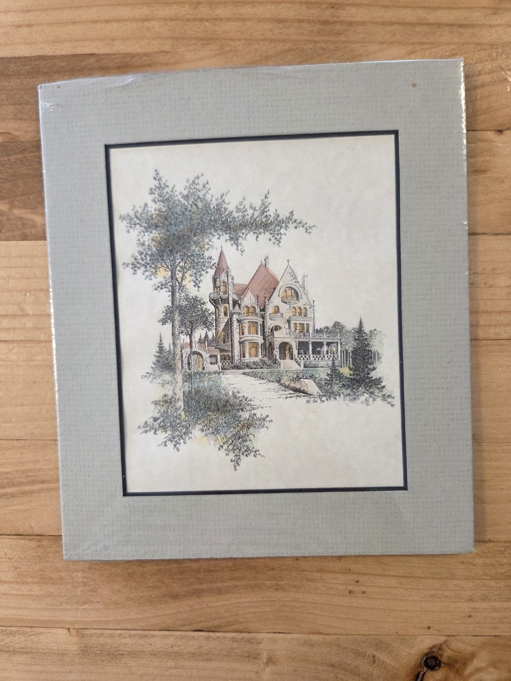 Framed Original Victorian House Art Print in Soft Gray and Beige 6x7